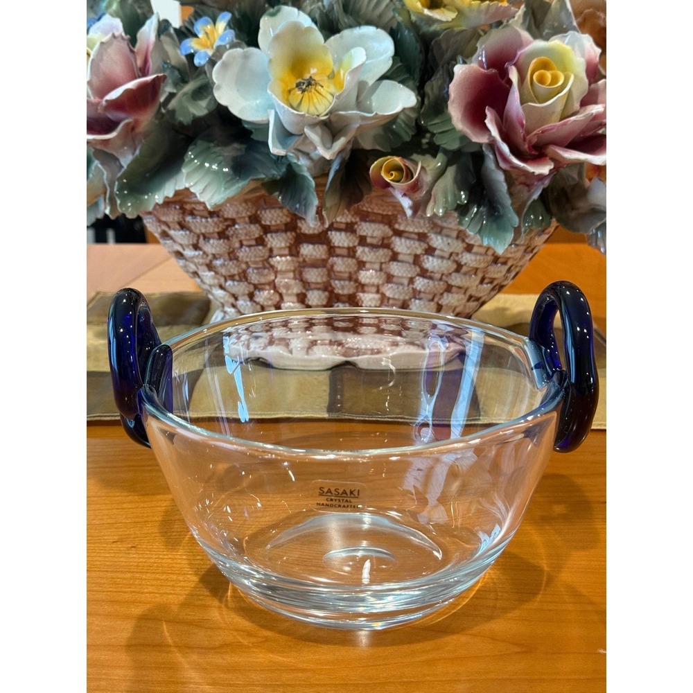 Sasaki‎ Crystal Bowl with Handles Handcrafted Clear Glass Centerpiece